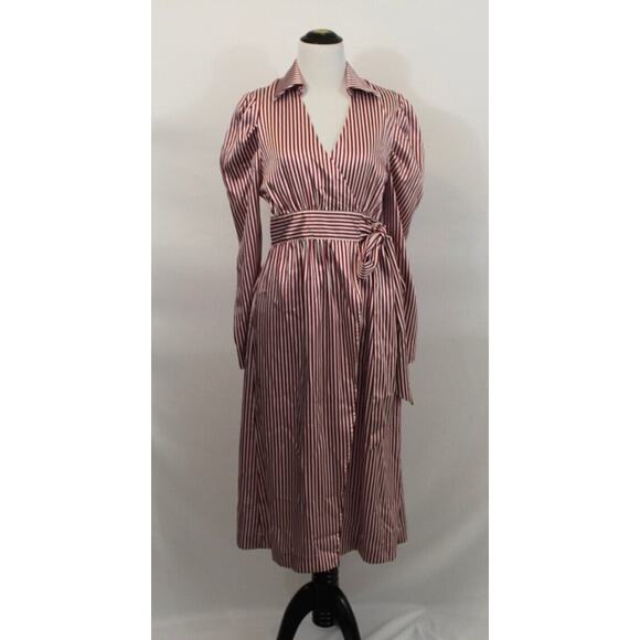 MISHA COLLECTION Sz 4 US Plum Stripe Satin Long Slv Puff Shoulder Wrap Dress NWT - Picture 6 of 7